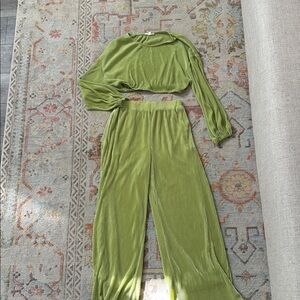 12th Tribe Light Green Pleated Fabric crop top and pant set